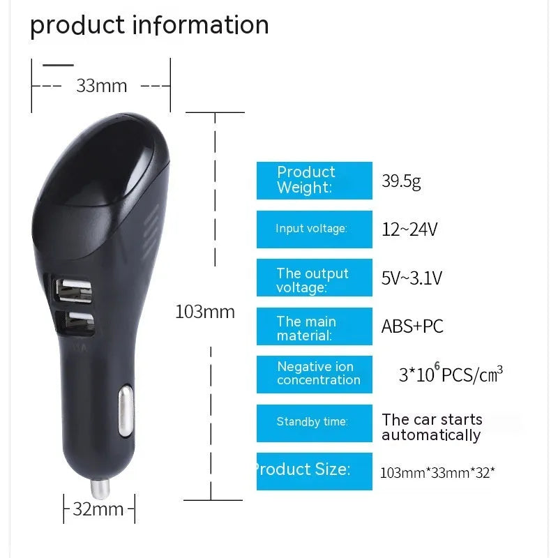 White car USB cellphone charger negative ion purifier with ABS PC body measuring 103x33x32mm