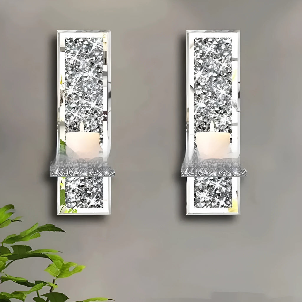 Pair of silver mirror finish glass candle holders with crystal candlestick design for wall hanging