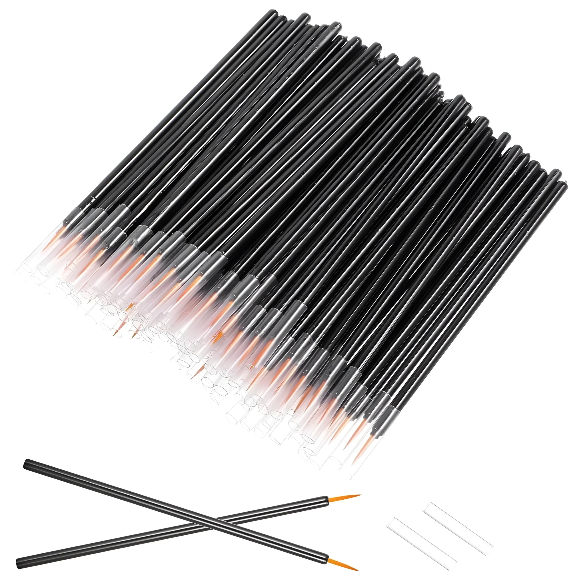 One hundred black disposable eyeliner brushes with ultra-fine pointed tips and clear plastic protective sleeves