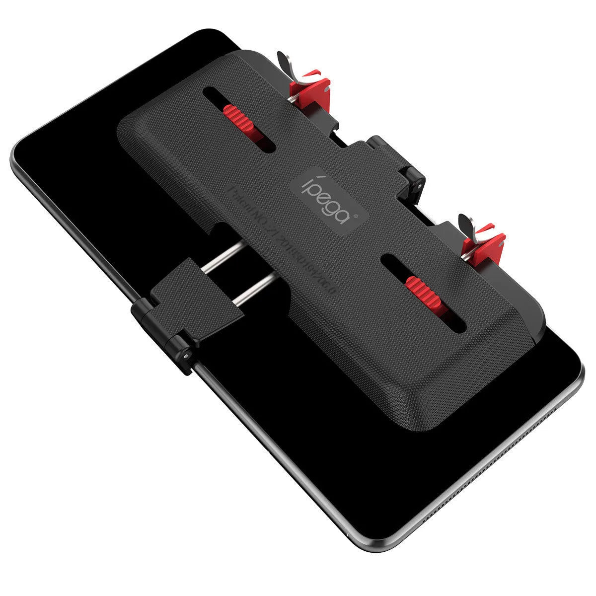 Black PG-9137 mobile phone gaming bracket showing the hidden trigger on the back and telescopic fixing clip.