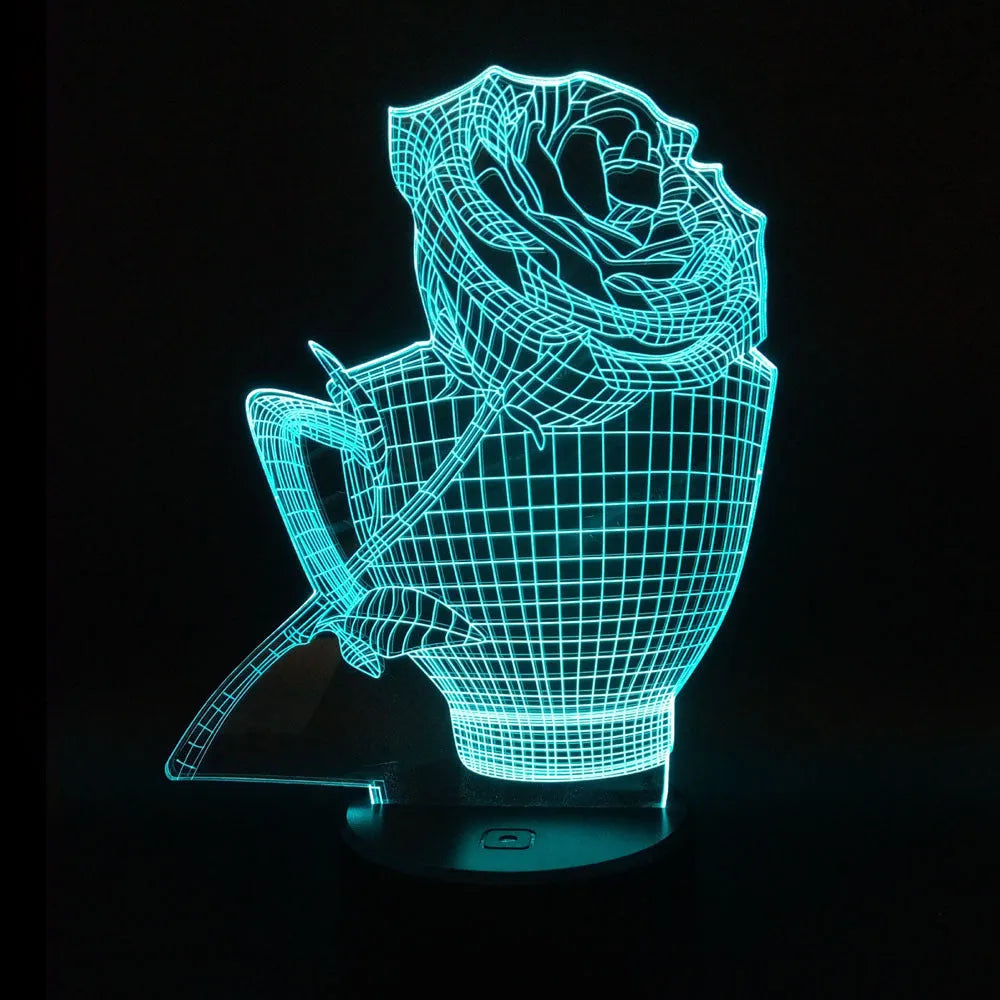 3D rose flower night light showing colour changing illumination with acrylic panel and ABS base