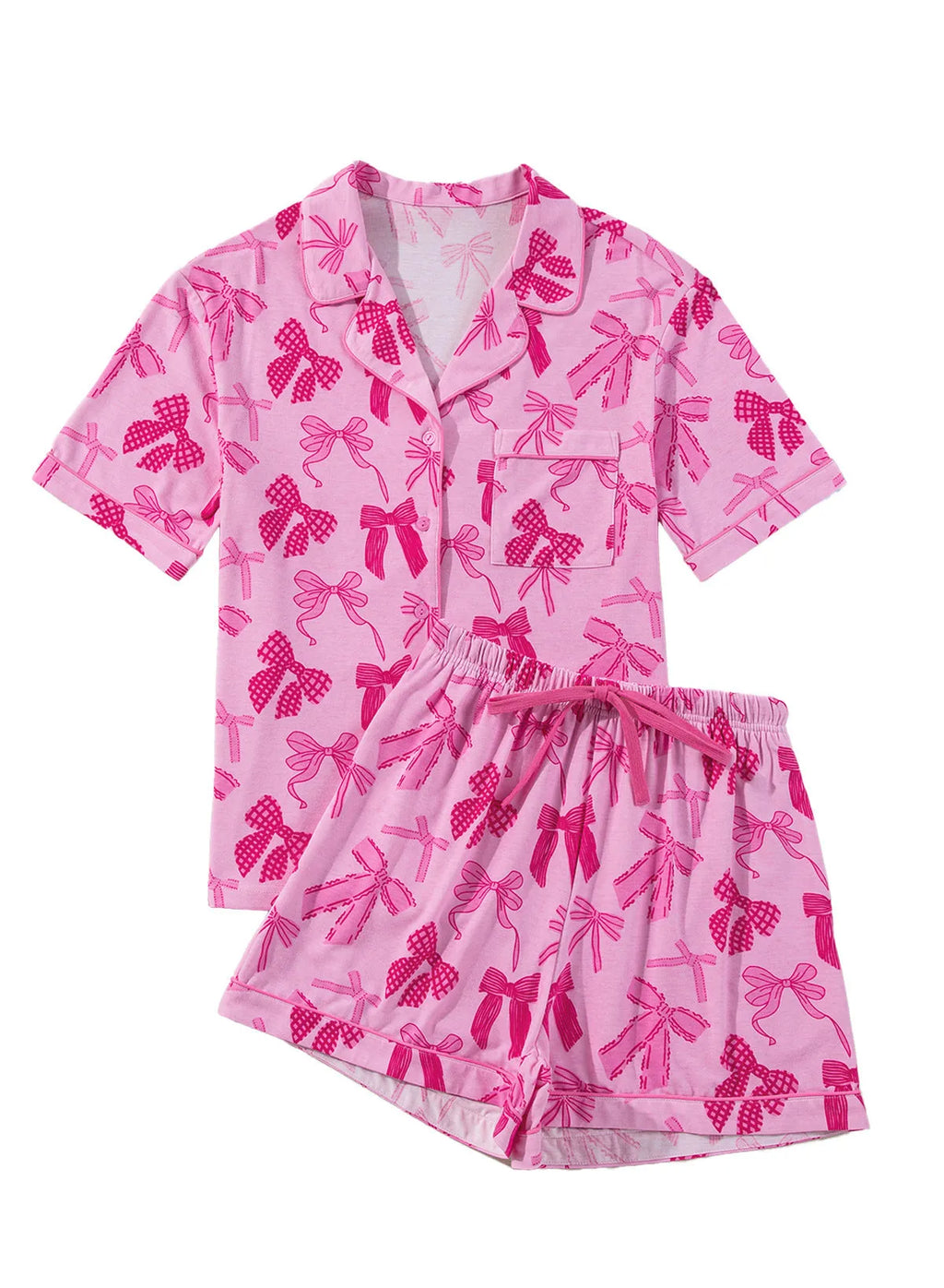 Pink women's pajama set with bow print, featuring a short-sleeved top and elasticated waist trousers.