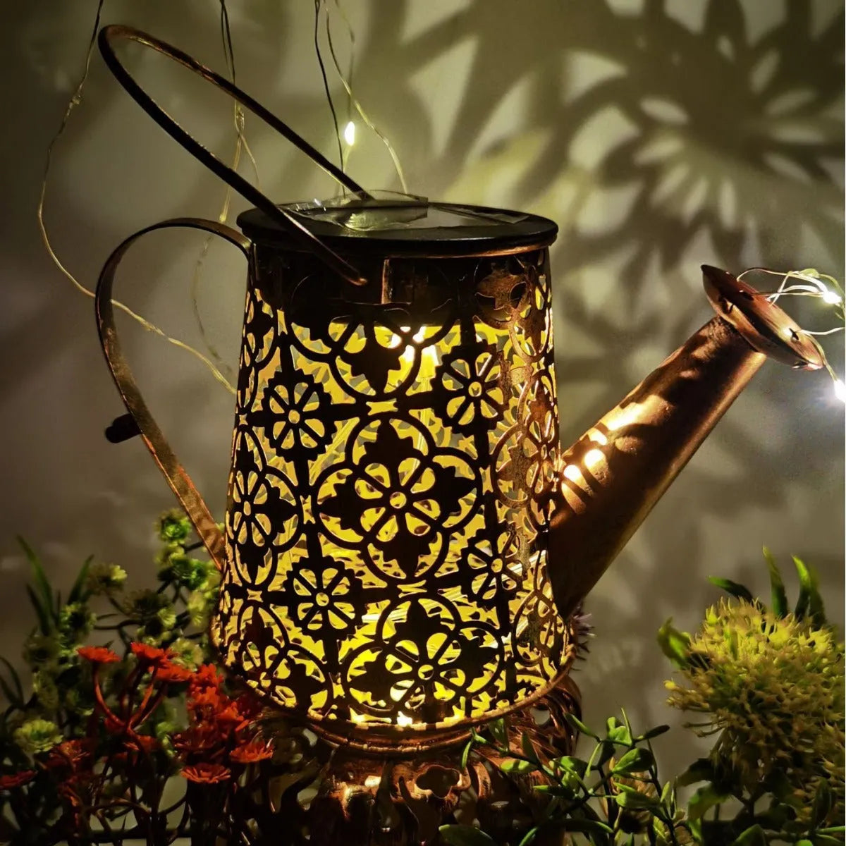 Solar butterfly kettle decorative outdoor light with wrought iron construction and dimensions 210mm high