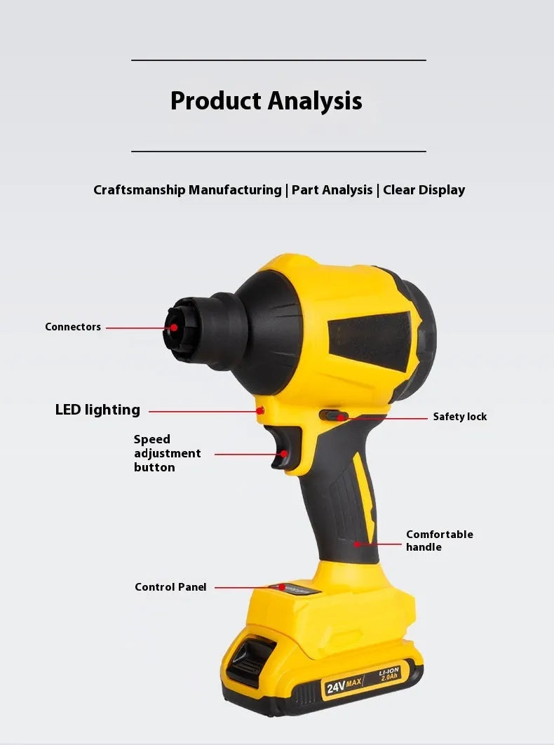 Yellow cordless dust gun with 18V lithium battery and accessories for household and office cleaning