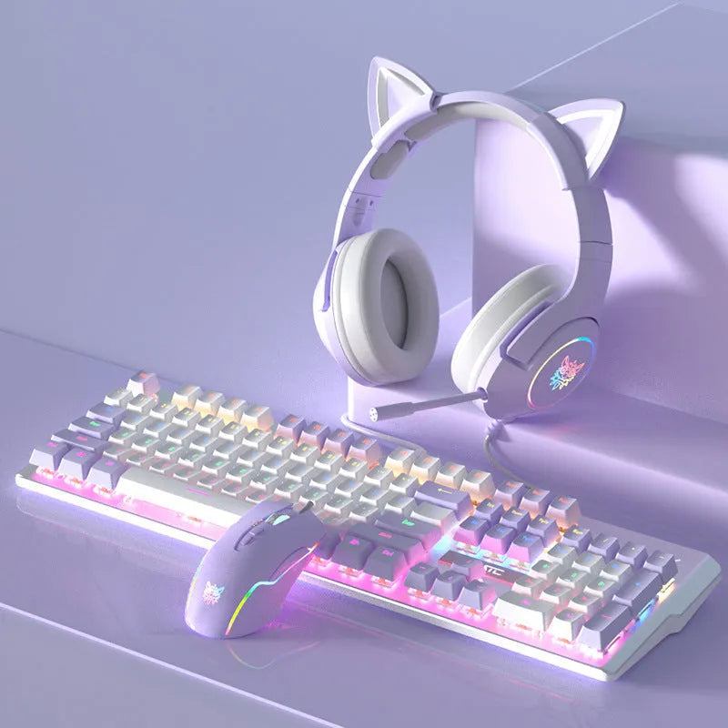 Purple mechanical keyboard and white mouse set with backlighting on wooden desk