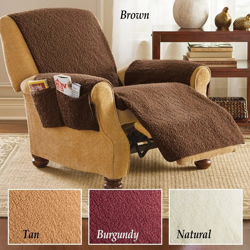 Polyester sofa cushion slipcover in beige, shown on a living room sofa.