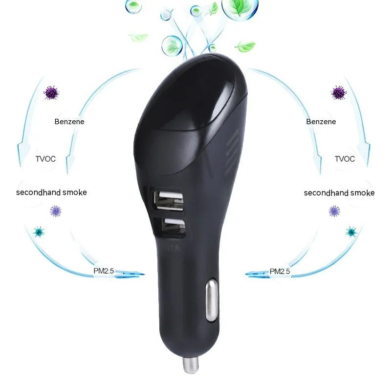 White car USB cellphone charger negative ion purifier with ABS PC body measuring 103x33x32mm