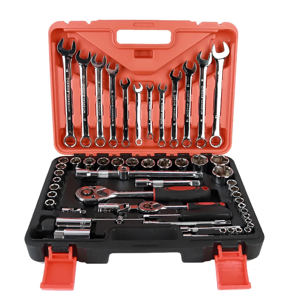 Open box of a 61-piece chrome vanadium steel socket wrench set with ratchets, sockets, and extension bars.