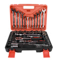 Open box of a 61-piece chrome vanadium steel socket wrench set with ratchets, sockets, and extension bars.