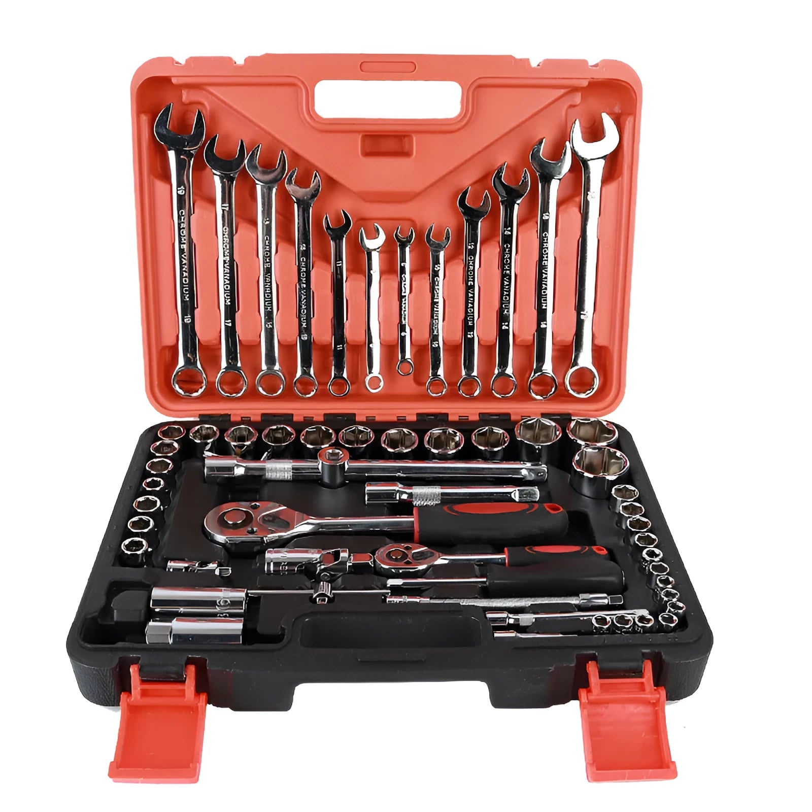 Open box of a 61-piece chrome vanadium steel socket wrench set with ratchets, sockets, and extension bars.