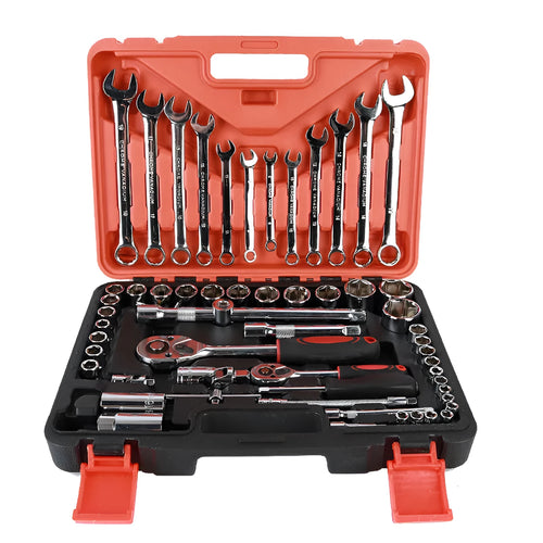 Open box of a 61-piece chrome vanadium steel socket wrench set with ratchets, sockets, and extension bars.