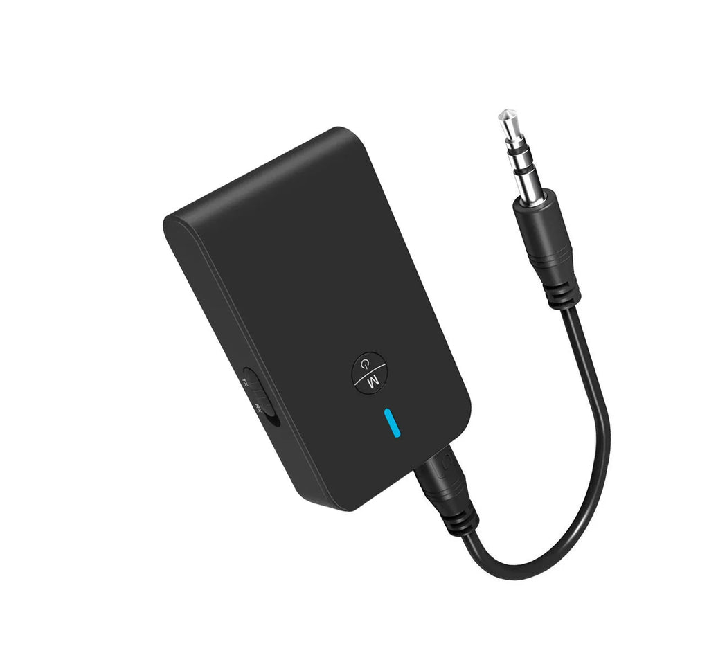 A black Bluetooth audio adapter with a 3.5mm AUX plug and external power cable.