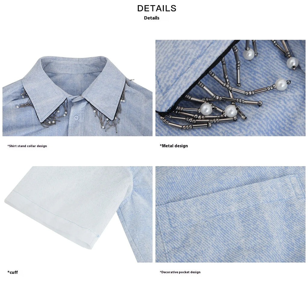 Men's loose fit blue and white gradient short sleeve shirt with quilted design details