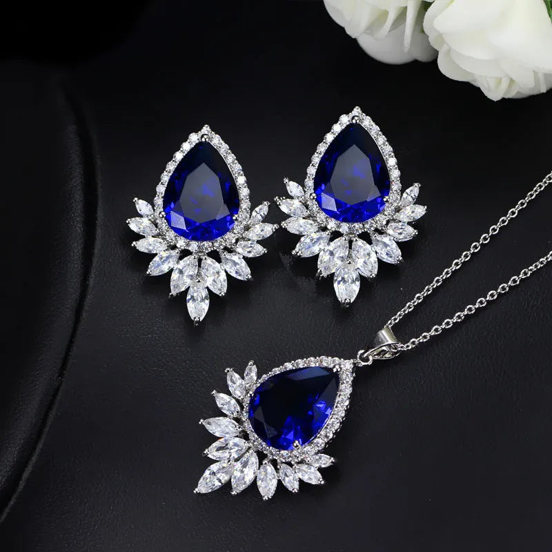 Bridal banquet jewellery set with necklace and earrings in blue, red and white colour options