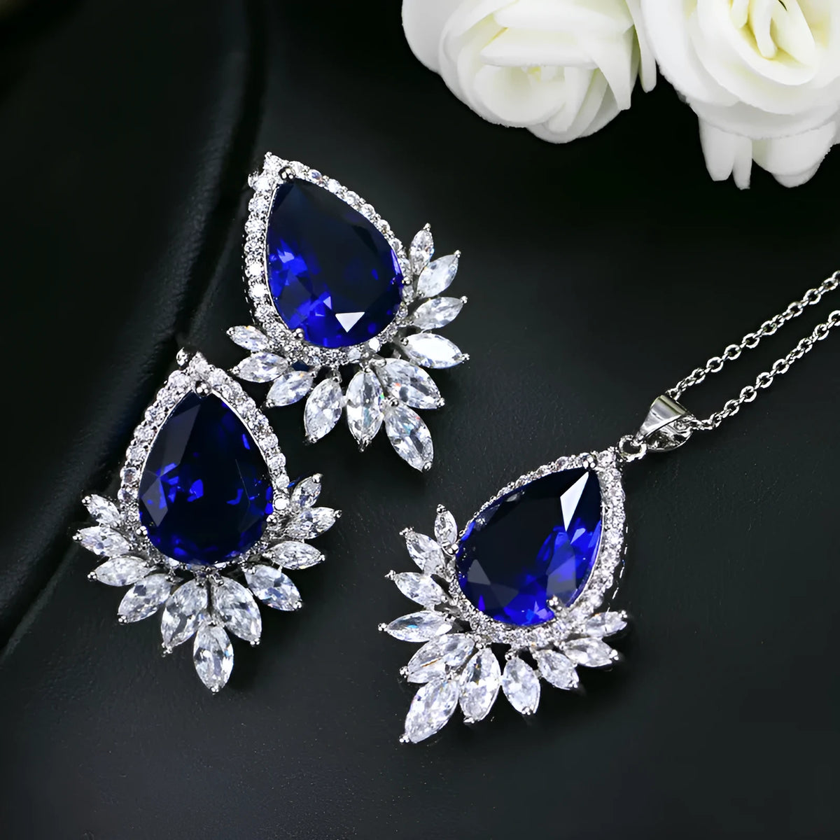 Bridal banquet jewellery set with necklace and earrings in blue, red and white colour options