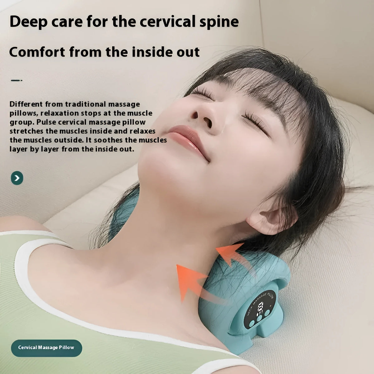 Blue-green portable neck and shoulder massage pillow showing compact size and controls for EMS, heat, and vibration functions.