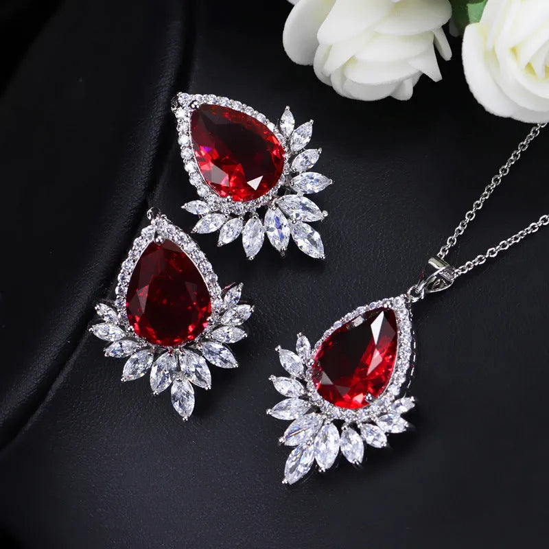 Bridal banquet jewellery set with necklace and earrings in blue, red and white colour options