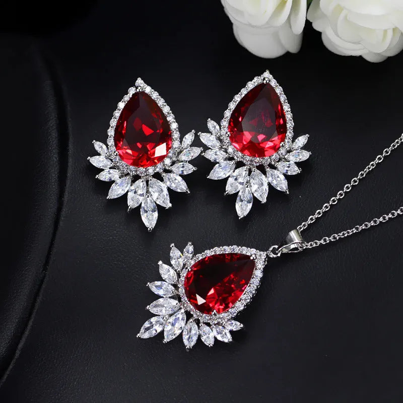 Bridal banquet jewellery set with necklace and earrings in blue, red and white colour options