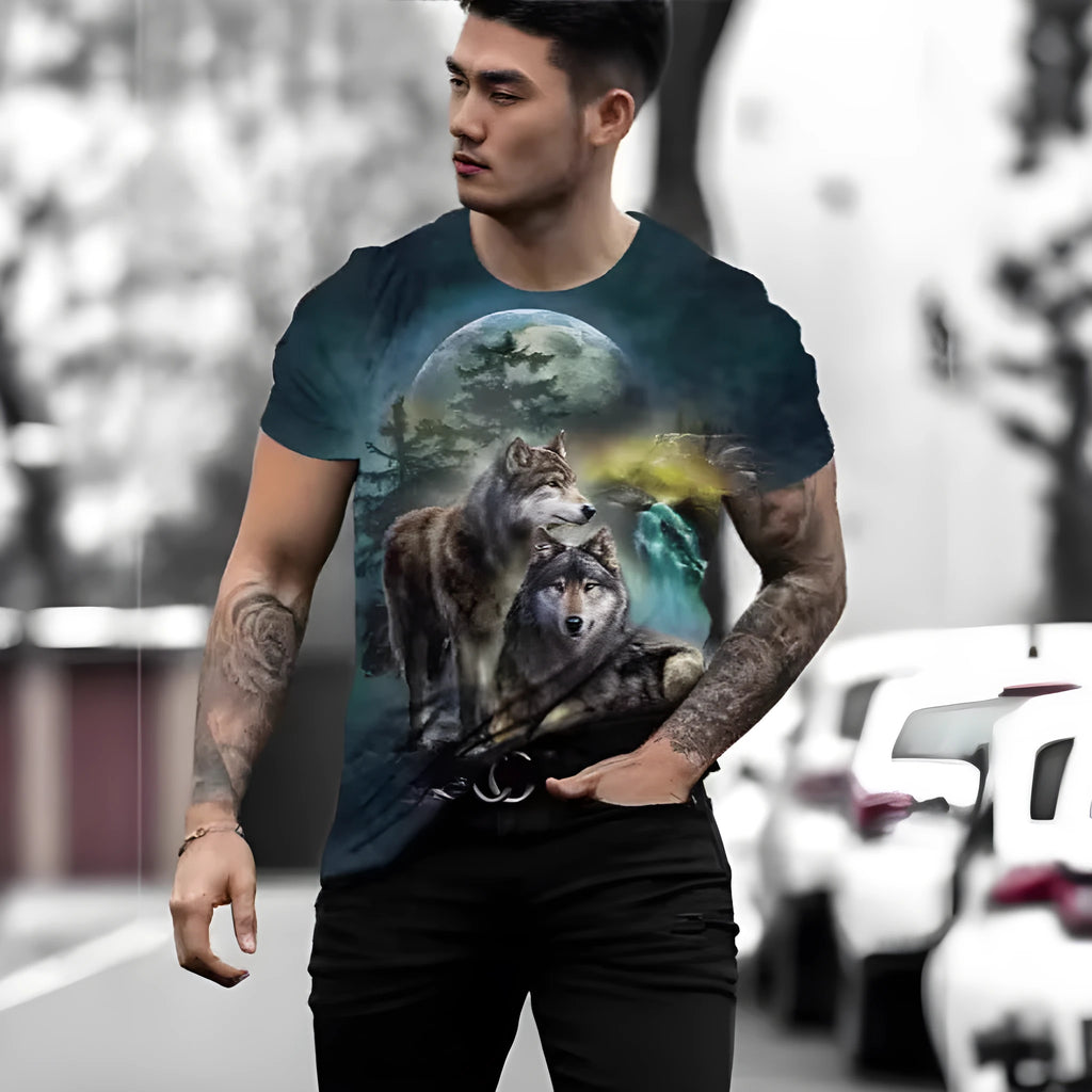 Close-up of a men's retro style t-shirt with a detailed 3D animal graphic print on thin polyester fabric.