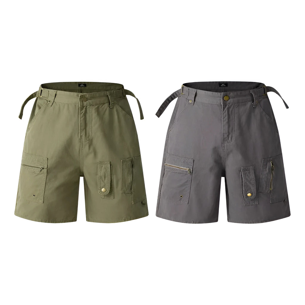 Retro style loose fit shorts in washed cotton cloth with a half elastic waistband, shown in grey colour A636.
