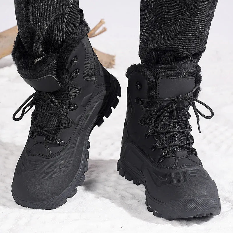 Men's black and khaki high-top boots with fleece lining and lace-up front.