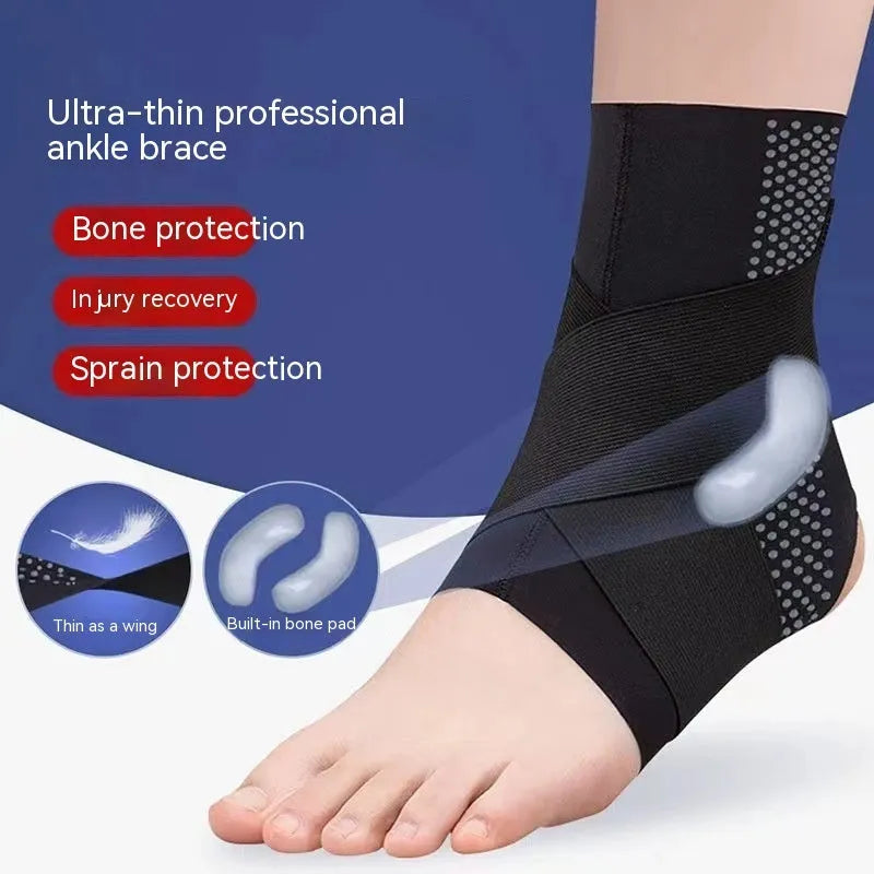 Black Lycra ankle support protector worn on an adult foot.