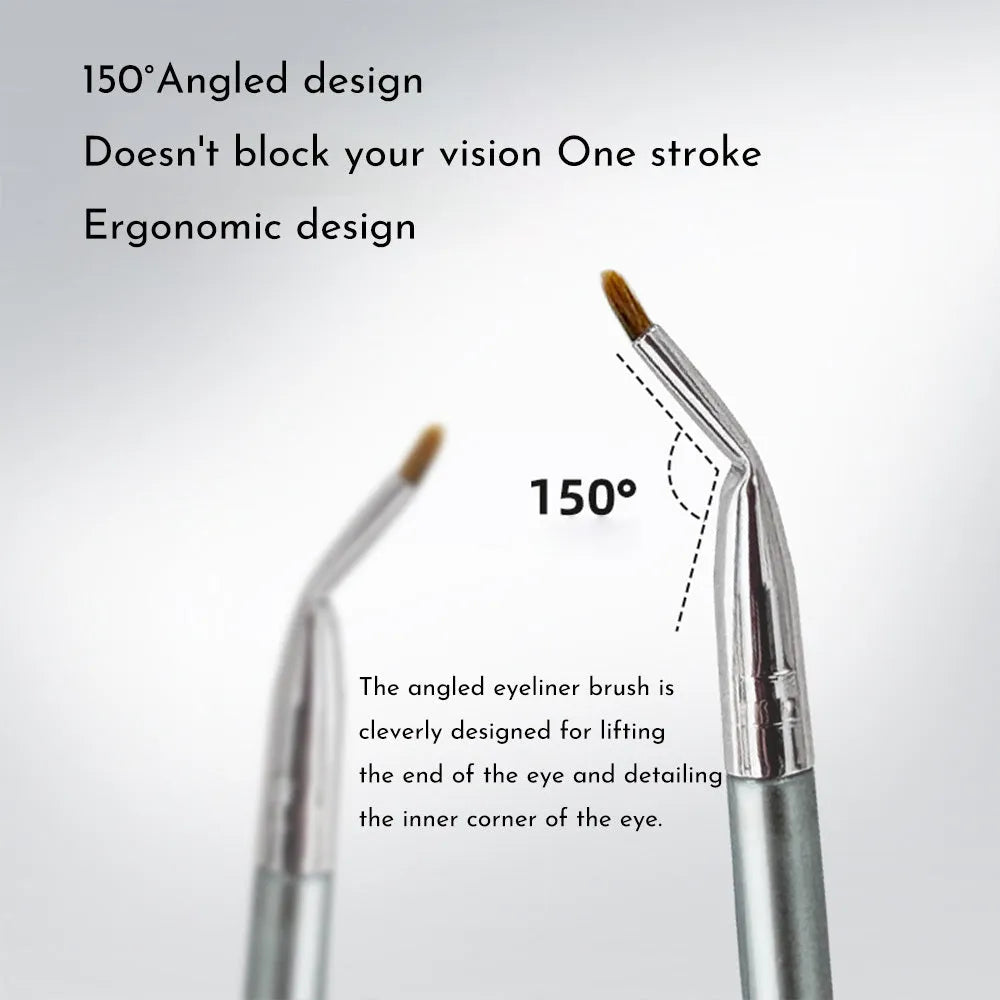 Angled bend head eyeliner brush for precise under eye and tear trough makeup application