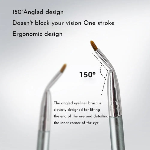 Angled bend head eyeliner brush for precise under eye and tear trough makeup application