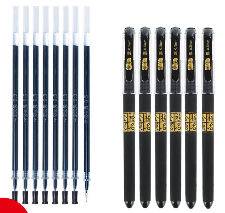 Pack of eight black gel pens with triangular grips and 0.5mm tips, shown with bullet and needle style options.