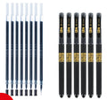 Pack of eight black gel pens with triangular grips and 0.5mm tips, shown with bullet and needle style options.
