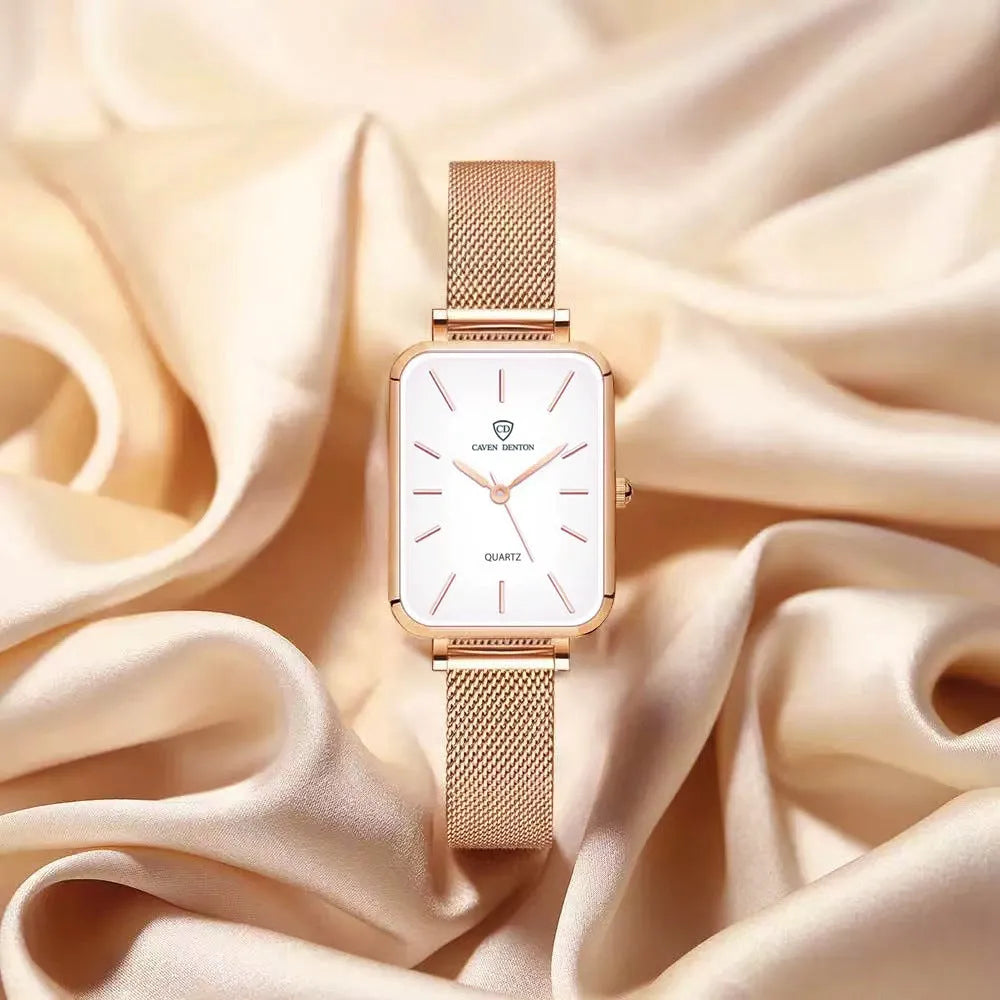 Women's waterproof quartz watch with woven steel strap in rose gold or silver