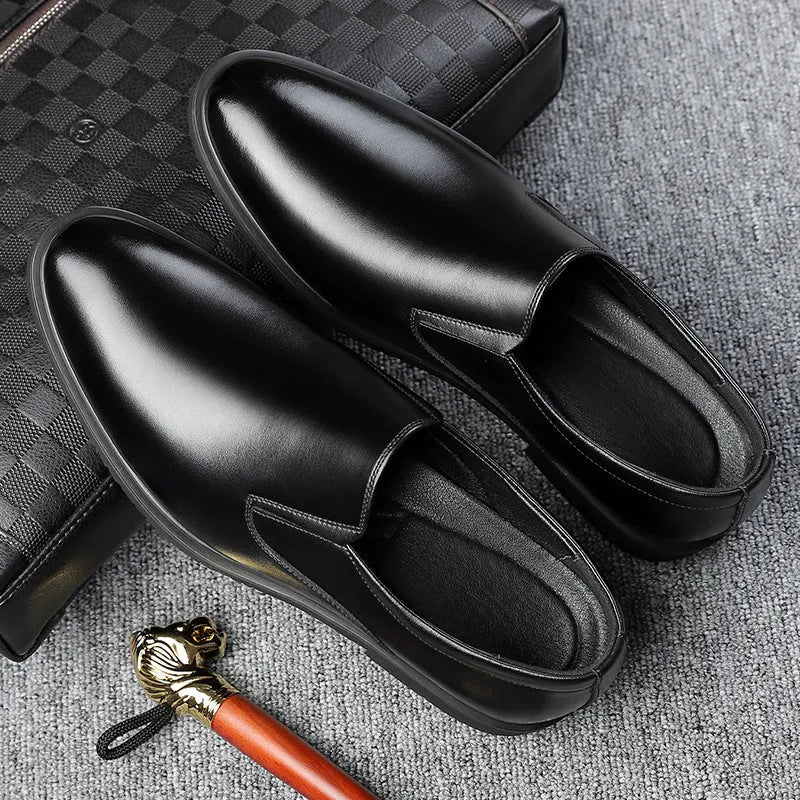 Men's black leather slip-on business casual shoes with low top and rubber sole