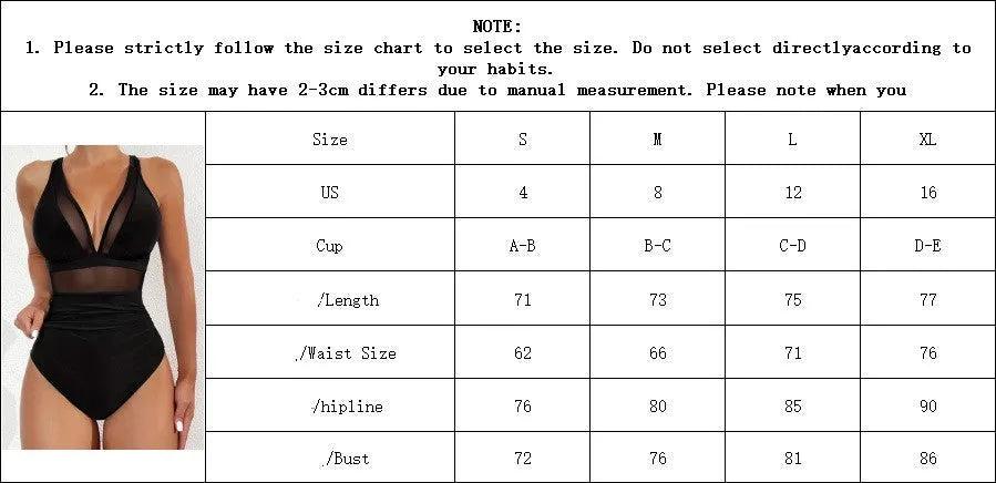 Black women's one-piece halter swimsuit with mesh detailing and attached briefs, shown on a size chart.