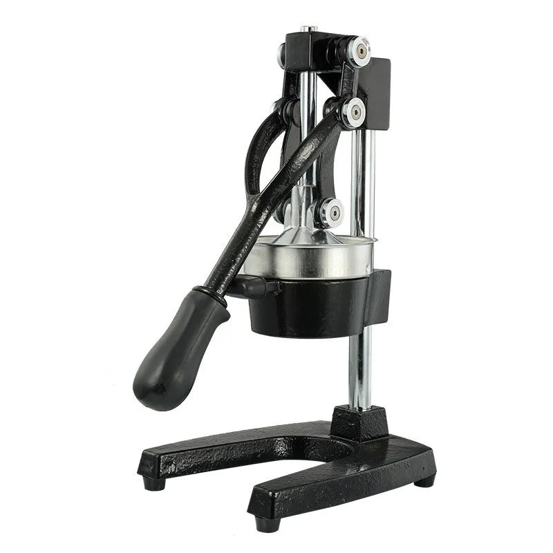 Black and white manual cast iron citrus juicer with stainless steel strainer, 40cm tall.