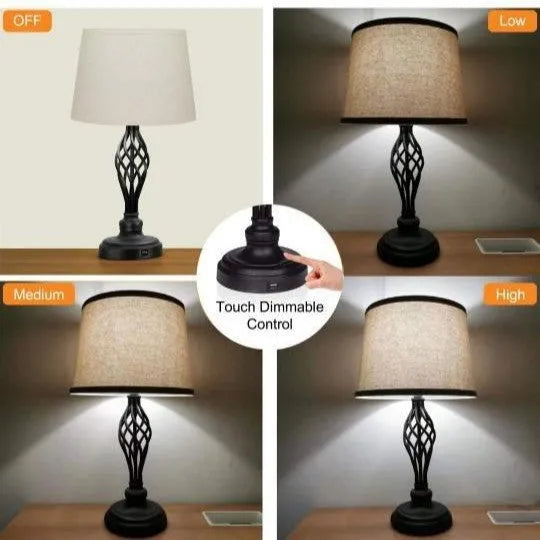 European style alloy touch sensing bedside table lamp with dimmable cold and warm light and a USB charging socket.