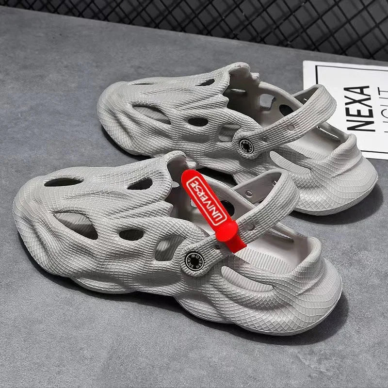 Men's grey EVA coconut slippers with closed toe and perforated holes for beach use