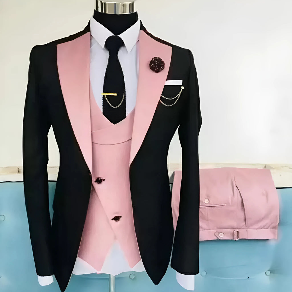 Men's slim fit cotton business suit with coat, vest and trousers in black colour combination