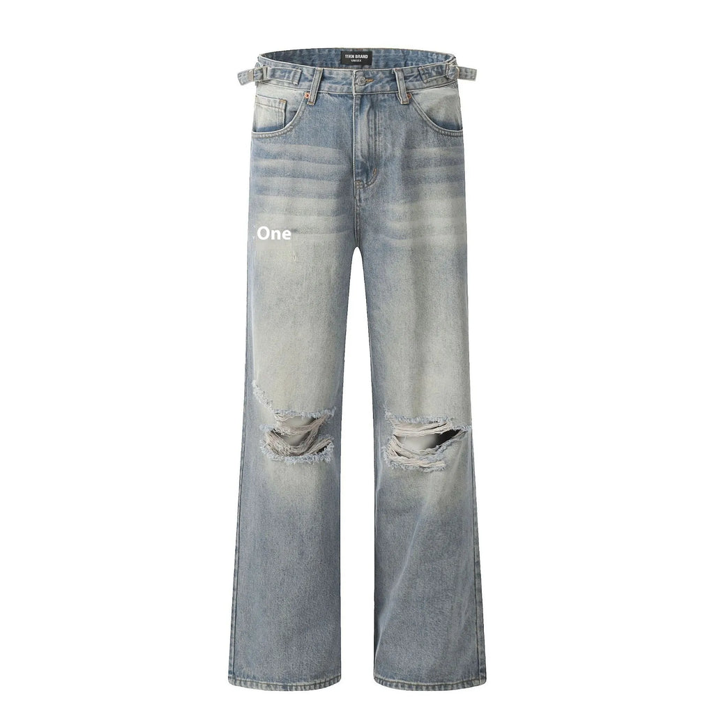 Blue men's straight-leg ripped jeans on a plain background showing cotton blend fabric and zipper fly.