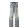 Blue men's straight-leg ripped jeans on a plain background showing cotton blend fabric and zipper fly.