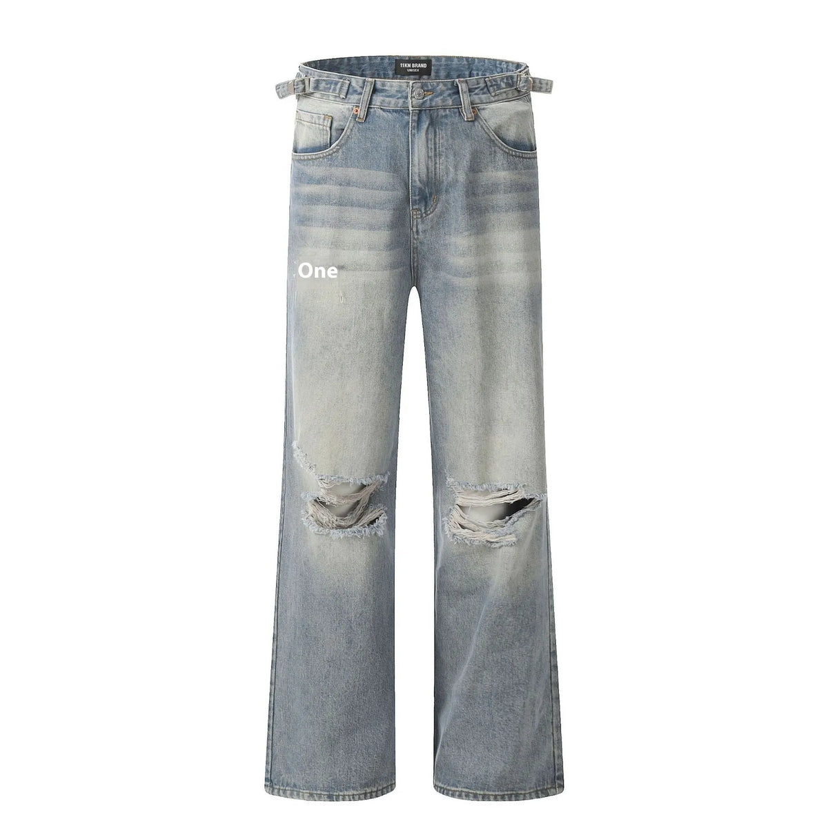 Blue men's straight-leg ripped jeans on a plain background showing cotton blend fabric and zipper fly.