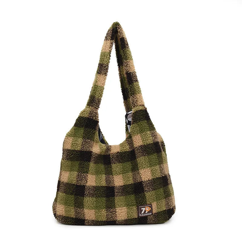 Women's plaid crossbody tote bag in soft plush material with shoulder strap and zippered compartment
