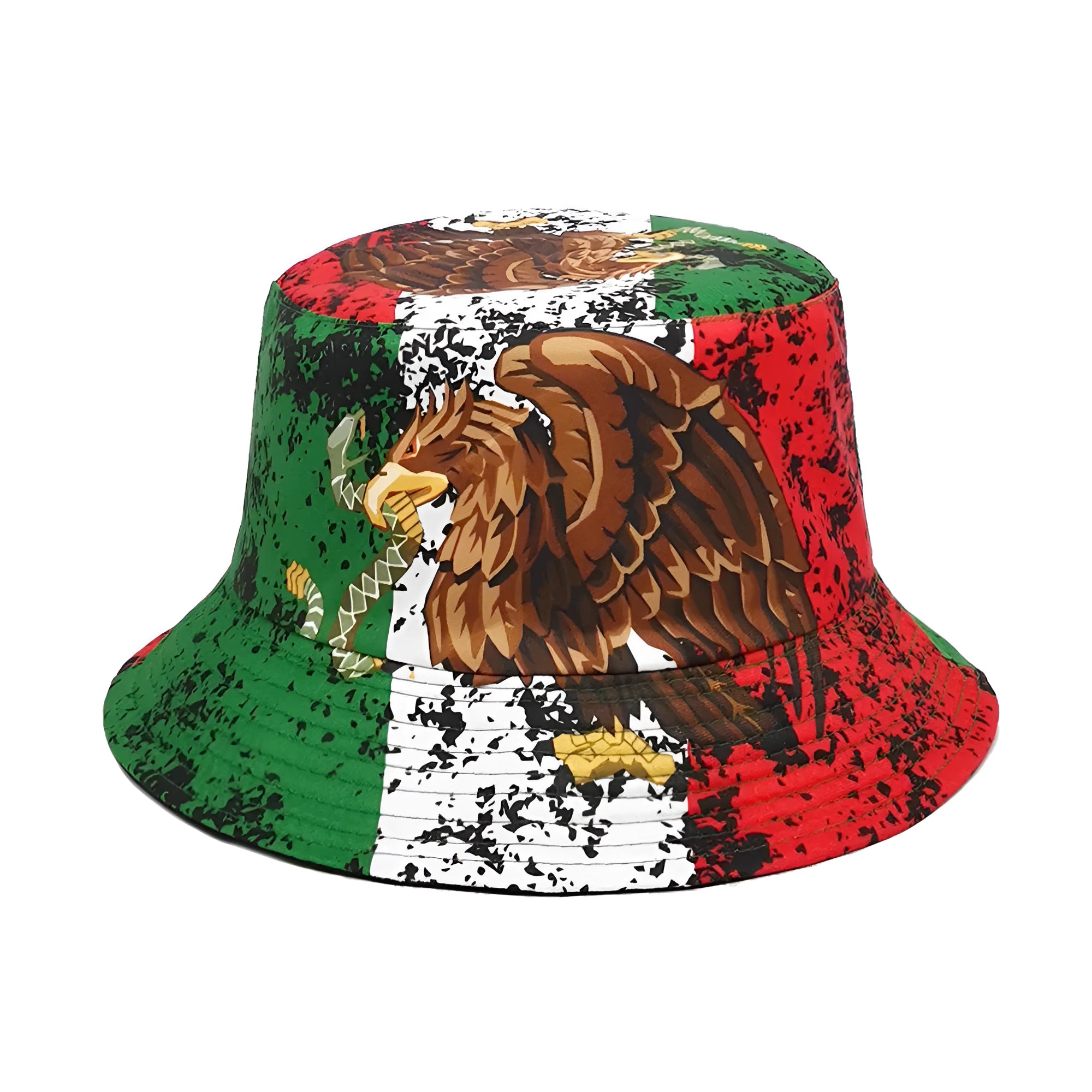 Retro eagle pattern polyester bucket hat with dome crown on a white background.