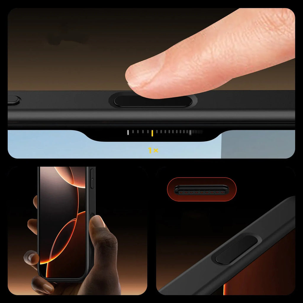 Black transparent magnetic iPhone 16 case showing airbag protection structure and magnetic ring.