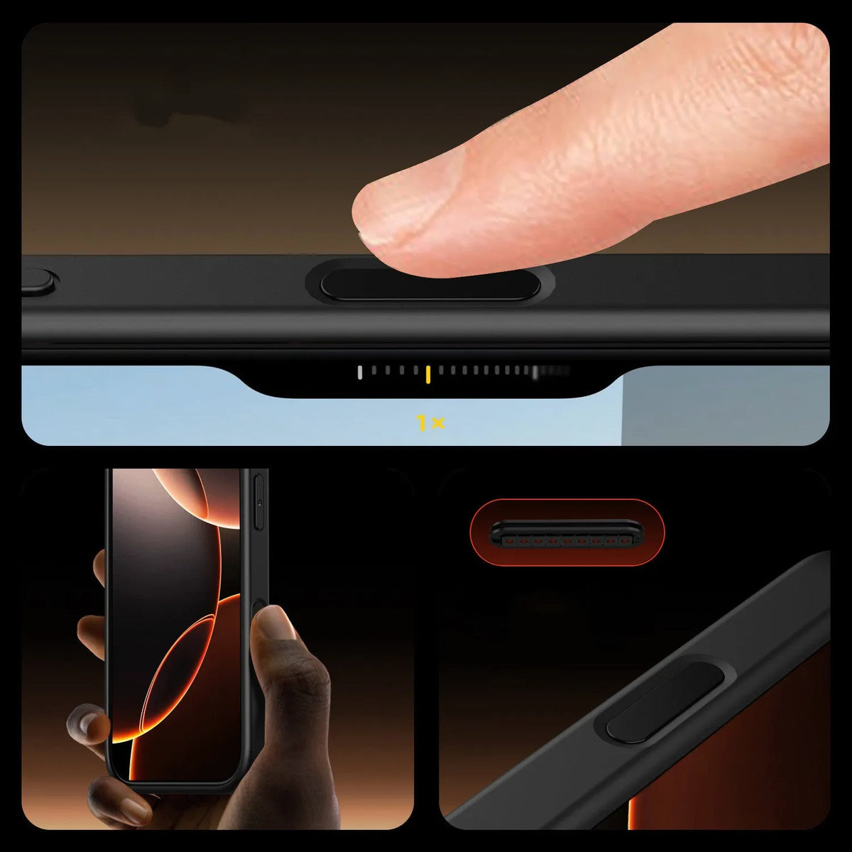 Black transparent magnetic iPhone 16 case showing airbag protection structure and magnetic ring.
