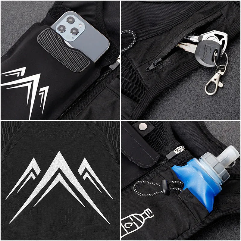 Breathable mesh sports running vest showing phone compartment and optional 500ml kettle accessory in classic black colour