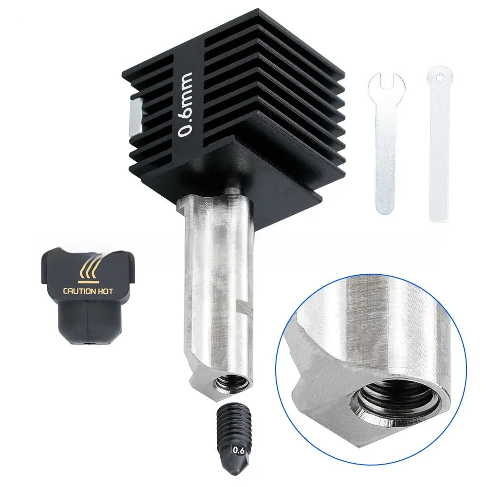 Bambu Lab A1 Mini 3D printer hot end replacement kit with four hardened steel nozzles and a black silicone sleeve.