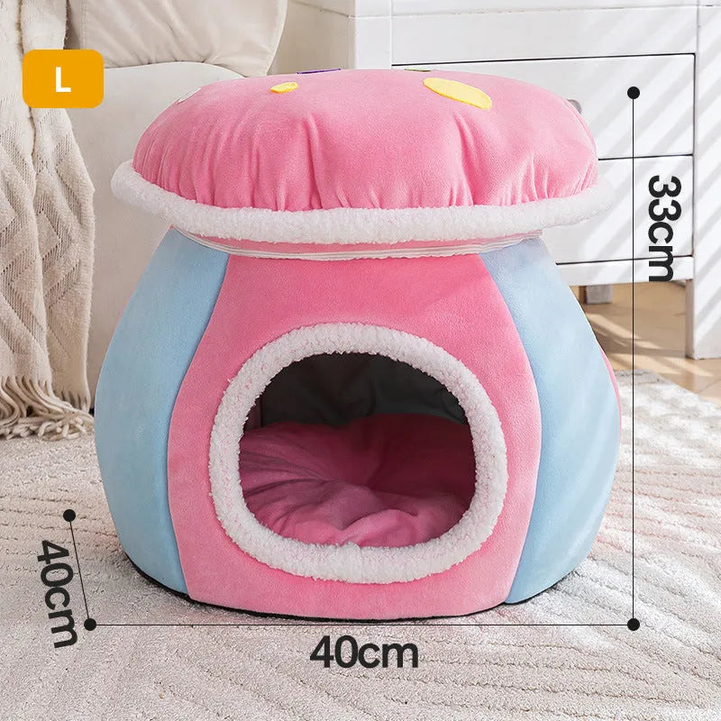 Mushroom-shaped cat bed with rabbit plush cover in grey pink purple colours