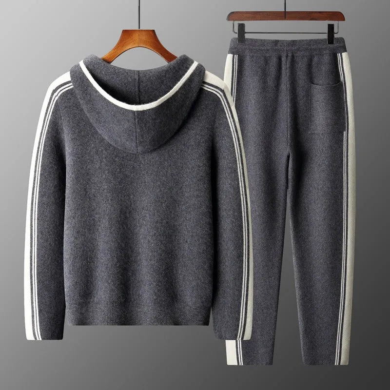 Men's wool two-piece set with hooded cardigan top and matching trousers in dark blue, dark grey, camel, or black