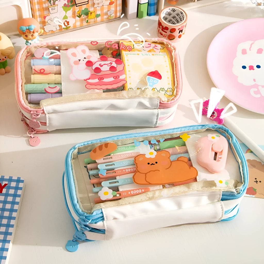 Japanese transparent heart-shaped pen bag in TPU material with rabbit design