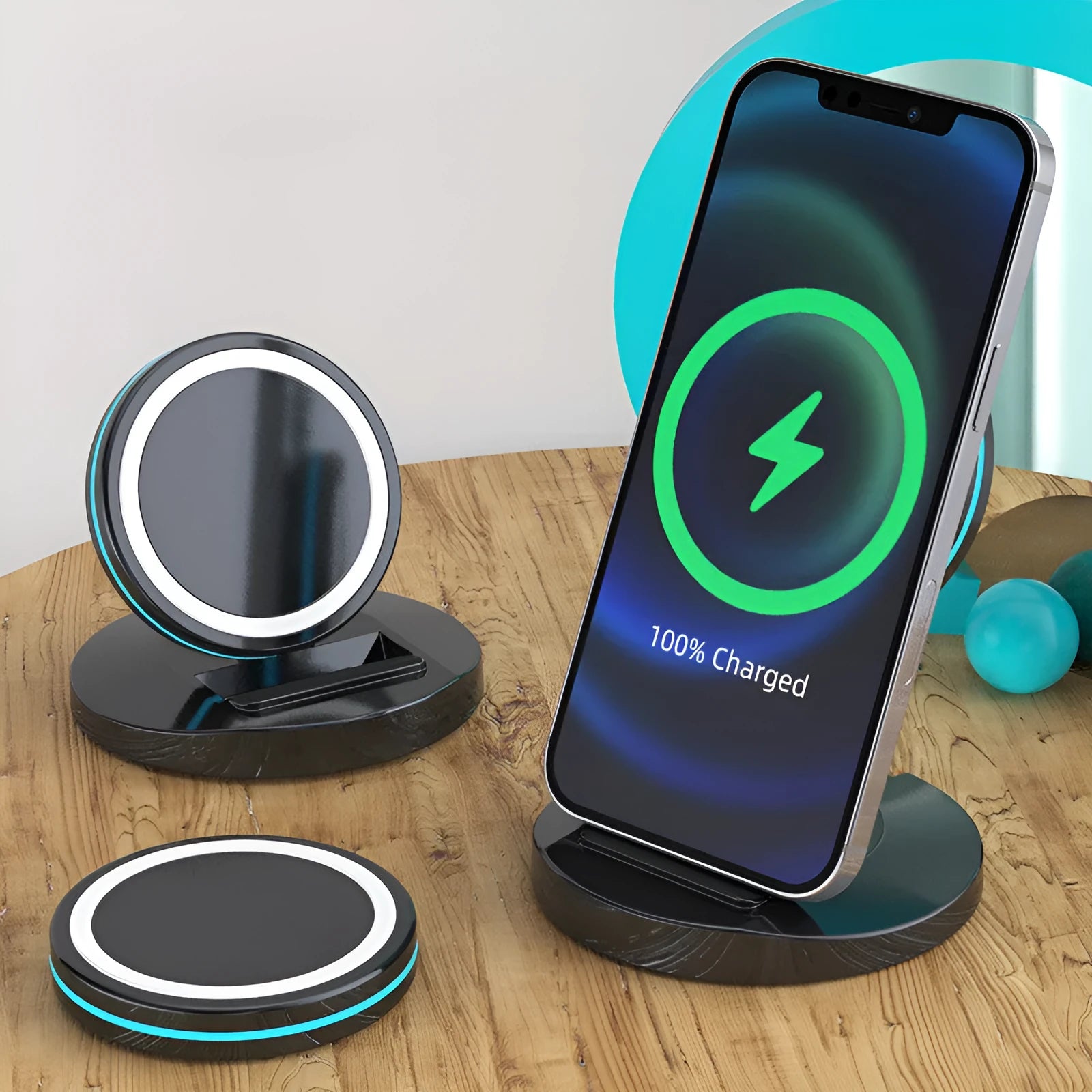 Folding magnetic wireless charging stand for iPhone 12 showing its compact design.